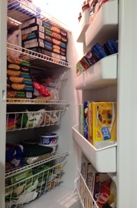 An upright freezer in the basement kitchen