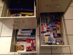 Filing cabinets for school and office supplies in the basement bathroom